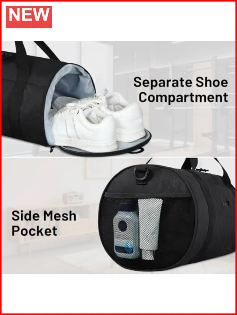 Gym Bag Round Duffle Bag with Shoe Compartment & Wet Pocket, Lightweight Carry